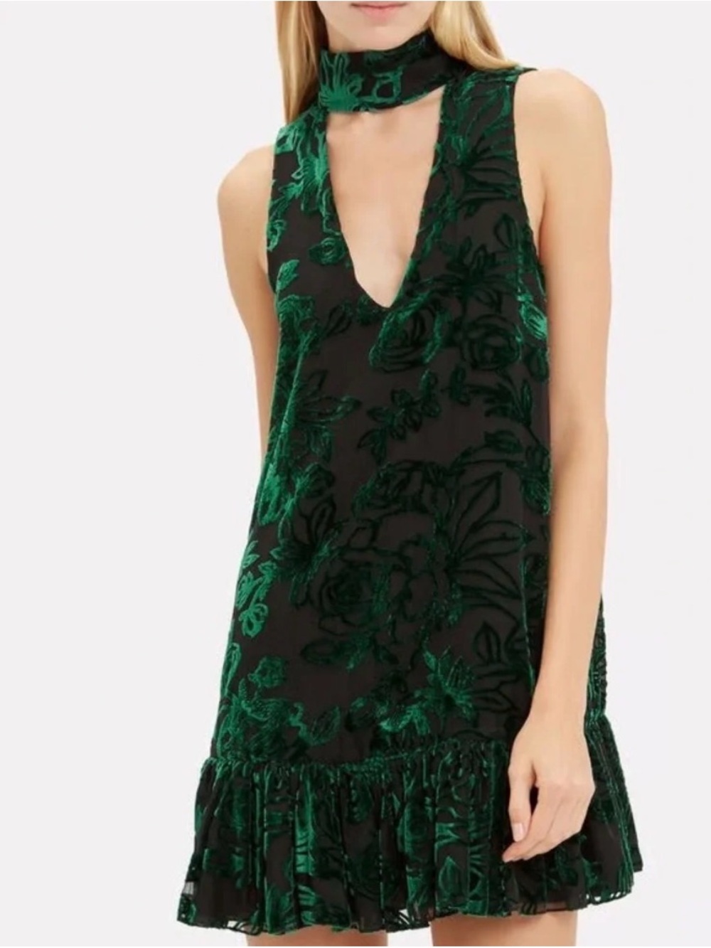 Caroline Constas Emerald Green floral Velvet Choker mini dress